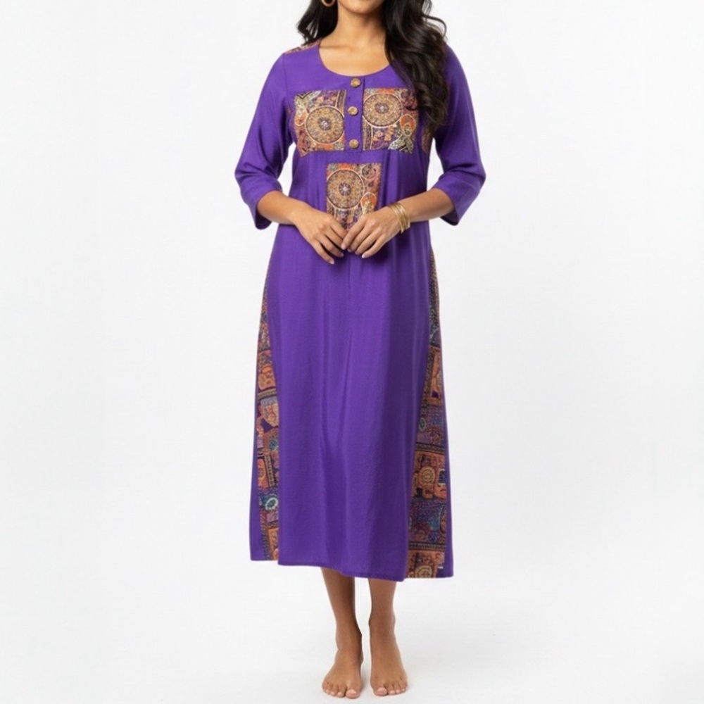 Boho Royal Purple Medallion Patchwork Summer Dress Ornate Mod Shift Kaftan Tunic